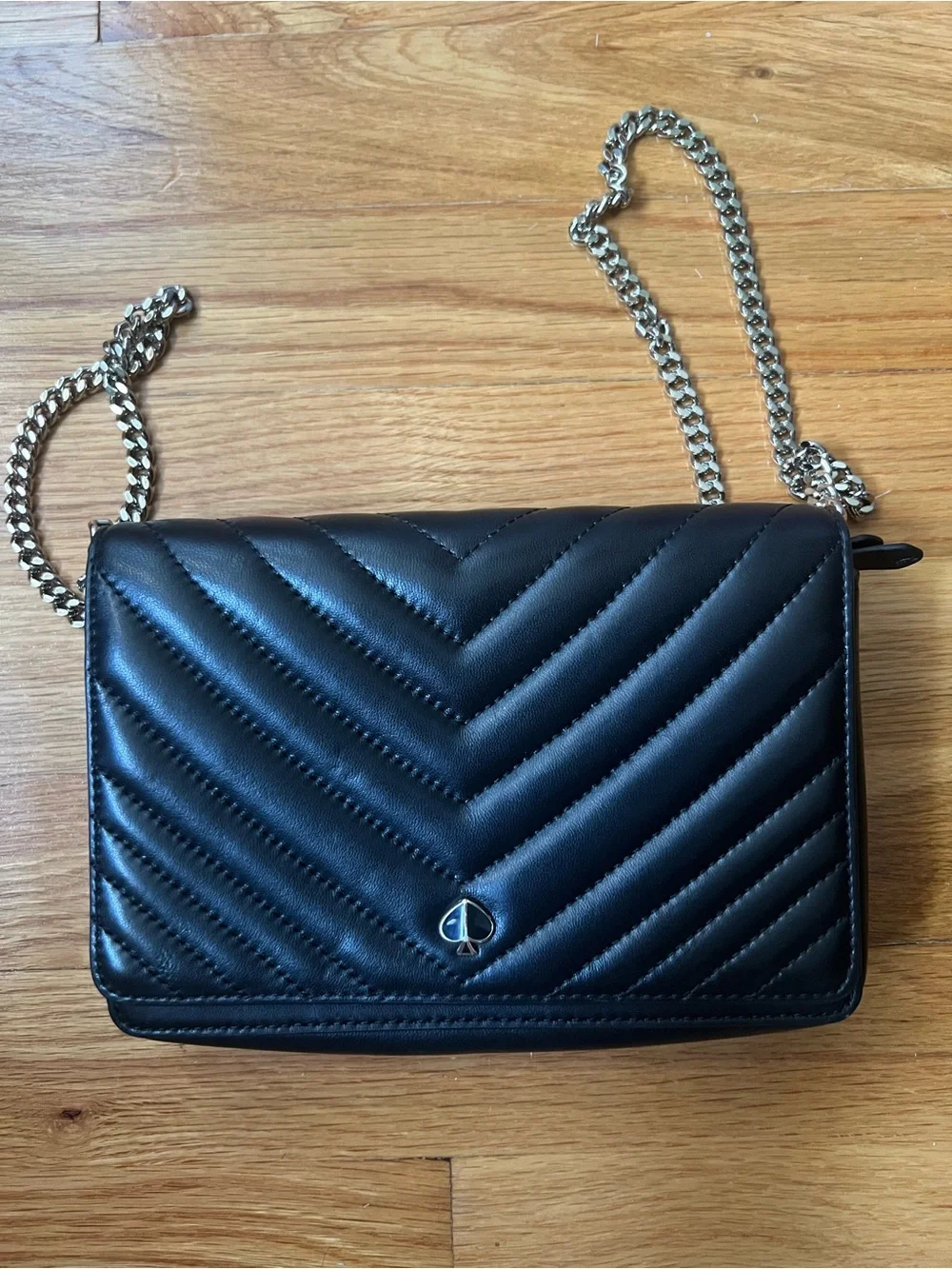 kate spade black quilted leather crossbody with silver chain